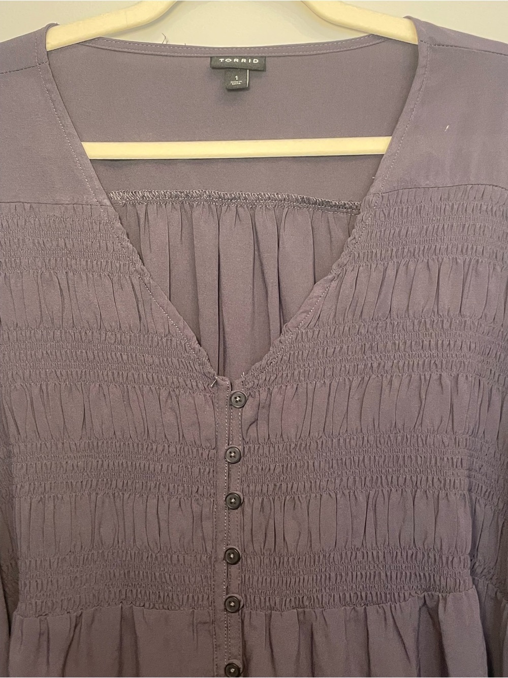 torrid Dark Charcoal Smocked V-Neck Button Tunic - Picture 3 of 9